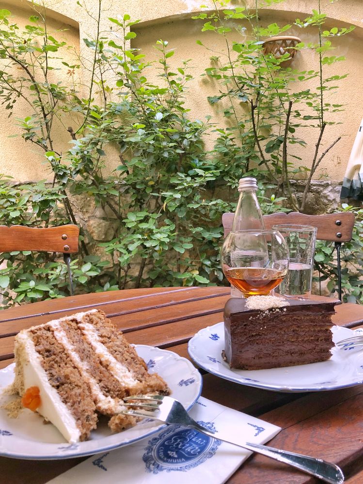 Caption: Carrot and chocolate cake at Villa Rosiche, Sofia, Bulgaria.