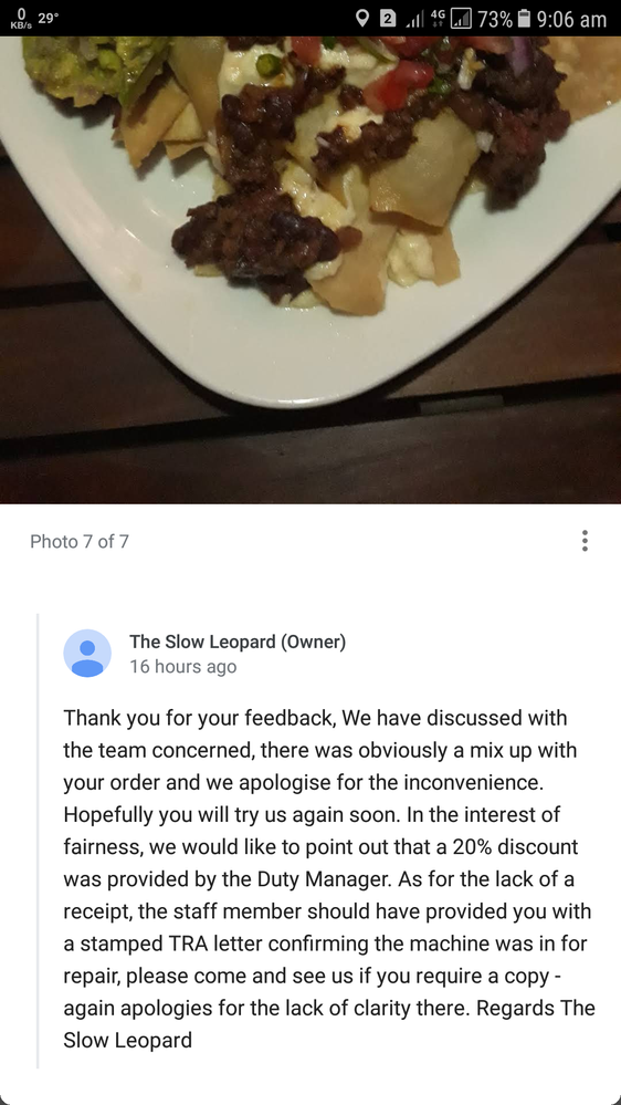 Review reply from Business owner