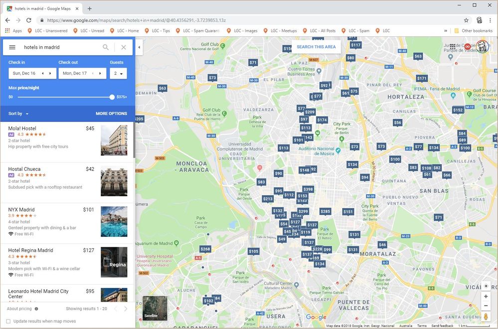 Map showing hotels in Madrid with prices