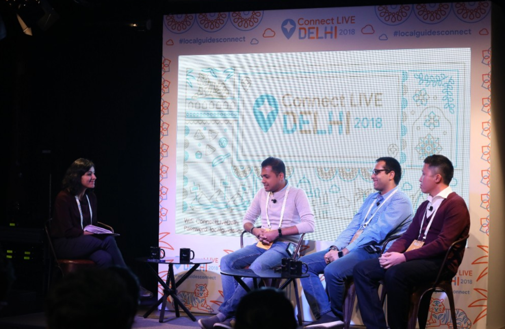 Caption: A photo of panel moderator Sonali Hasija and panelists Anal Ghosh, Nishant Nair, and Zhi Zhou sitting on stage at Connect Live Delhi 2018.