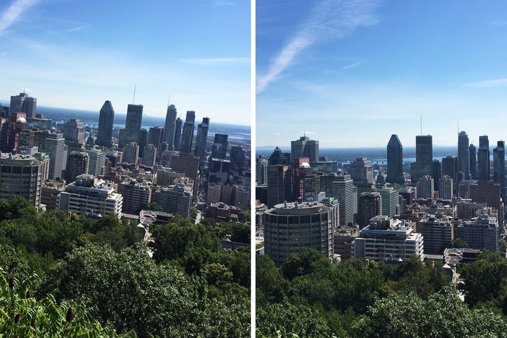 Caption: Two side-by-side photos of the Montreal skyline. One photographed at a tilted angle (left) and one photographed straight along the horizon line (right). (Wendy George)
