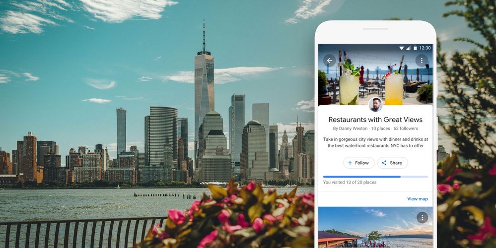 Caption: A graphic that shows a phone featuring a “Restaurants with Great Views” List over a photo of the New York City skyline.