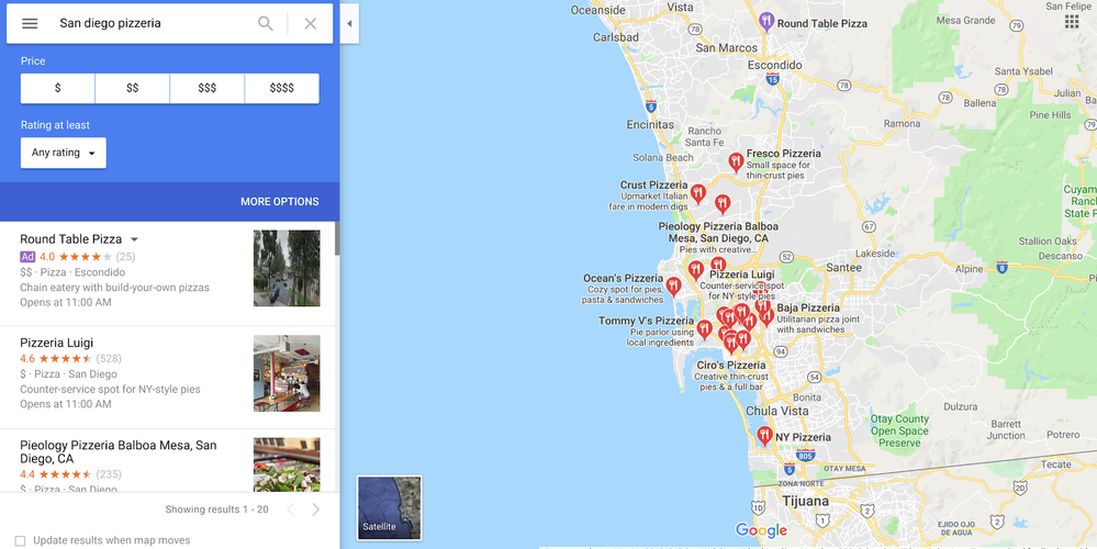 Caption: Screenshot of Google Maps while searching for pizzerias in San Diego