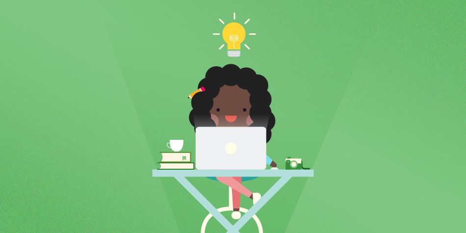 Caption: A graphic that shows a woman working on her laptop at a table with books, a coffee cup, and a camera on it. There is a lightbulb shining above her head to show she’s just had a great idea.