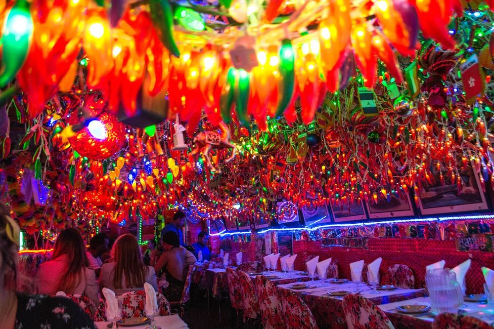 Caption: A photo of the inside of Milon, an Indian restaurant in New York City, showing the many Christmas lights and chili pepper lights hanging from the restaurant’s ceiling and gift-wrapped walls. (Local Guide Claudia Meneses Rojas)