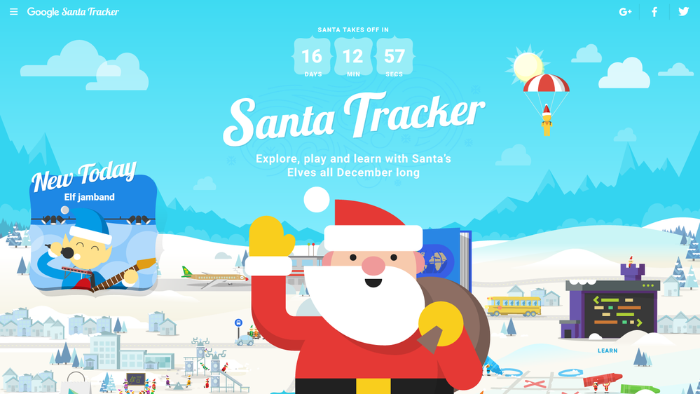 Caption: A screenshot of Santa’s Village, a fully-illustrated, interactive website with a countdown to Santa’s journey, a waving Santa illustration, and a wintery landscape with colorful buildings for each game.
