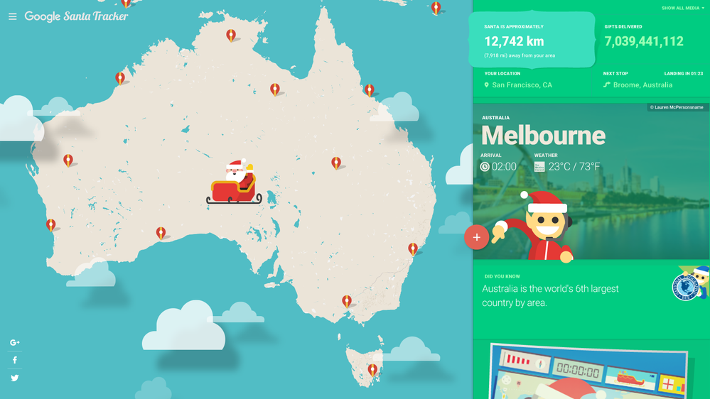 Caption: A screenshot of Local Guides photos on a page with information about Melbourne, Australia from the Santa Tracker.
