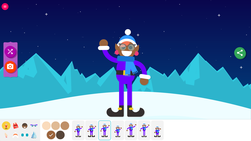 Caption: A screenshot of the Elf Maker game, showing an animated elf wearing a hat, scarf, and glasses, waving in front of a snowy mountain range. At the bottom, there’s buttons to change the elf’s body size, clothing, etc.