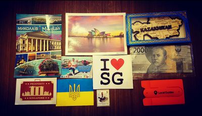 Caption: Postcards, stickers, stamps and magnetic complimentary cards