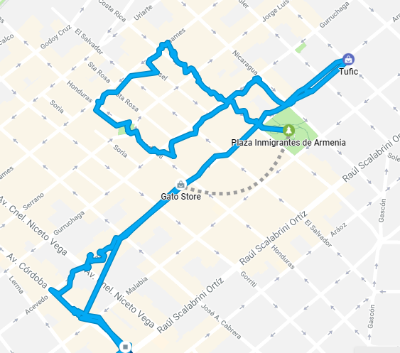 Caption: A screenshot of the path we took. We started on a corner in the Raul Scalabrini Ortíz and the Córdoba avenues, and finished in a business called Tufic.