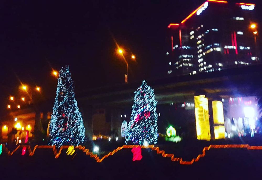 A mini park being decorated for Christmas season