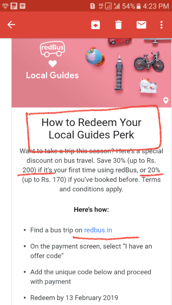 Caption: Screenshot of my Gmail in which Local Guides community send a perk of Red Bus.
