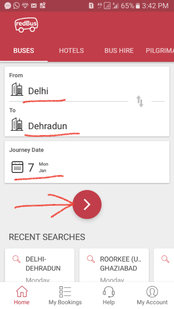 Caption: Interface of red bus app after login