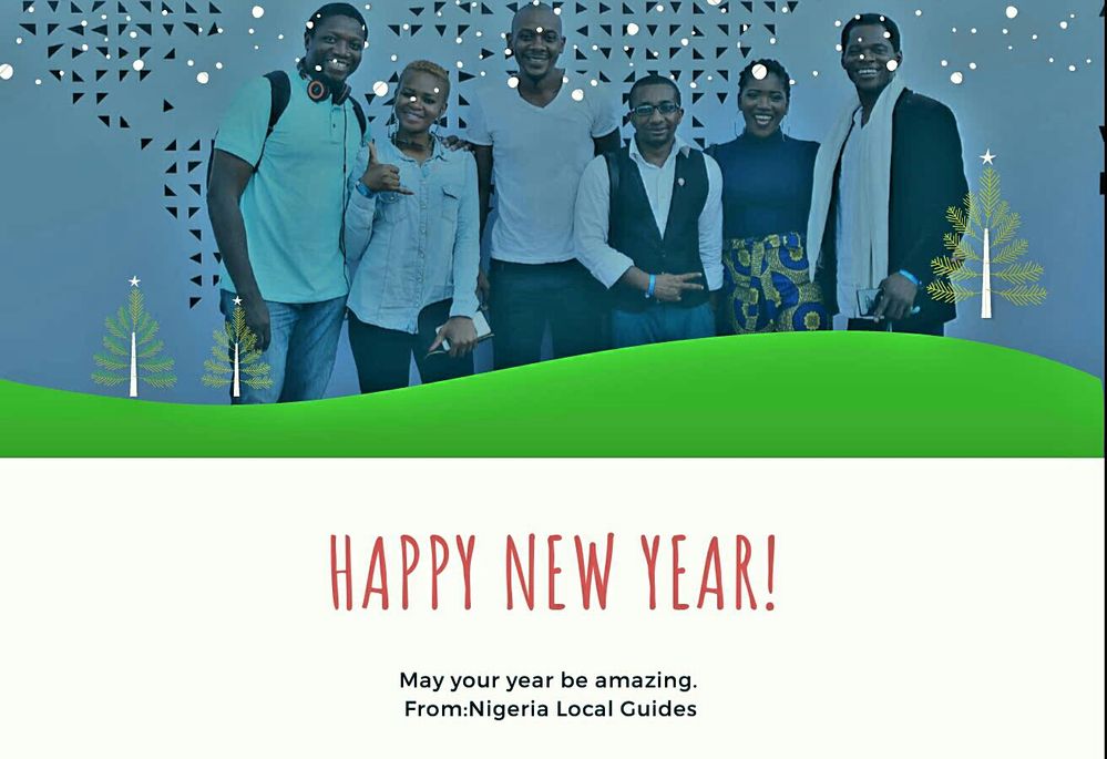 Caption: Happy New Year card with a photo of Local Guides on its background