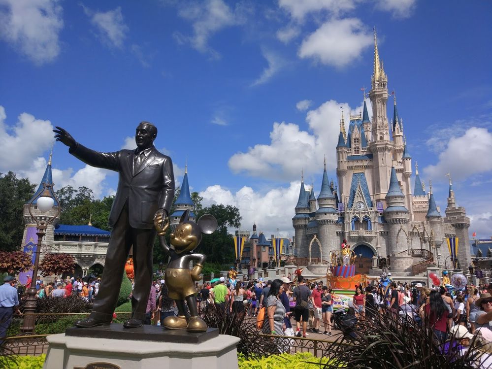 Caption: A photo of Walt Disney World in Orlando, Florida showing a statue of Walt Disney and Mickey Mouse with Cinderella’s Castle in the background. (Local Guide Javier Agramunt)