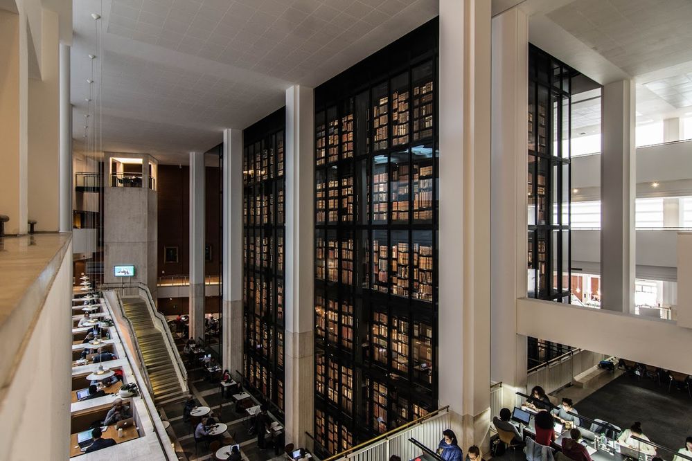 Caption: A photo of the interior of The British Library in London, showing people reading and working on laptops on multiple floors that overlook an atrium with a glass enclosure full of books. (Local Guide scott sworts)