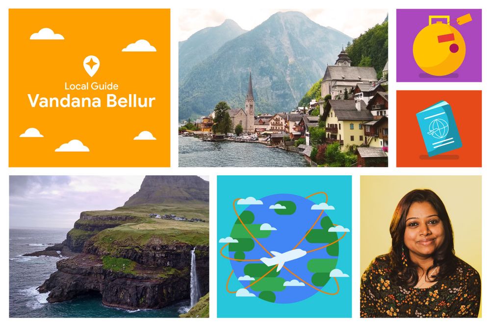 Caption: A collage of images that includes a photo of Local Guide Vandana Bellur, travel photos she’s taken, and illustrations of Earth, a passport, and more.