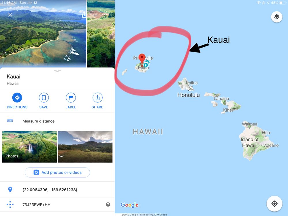 Caption:  Located in the middle of the Pacific Ocean, Kauai is the most laid back of the 6 inhabited islands of Hawaii.  Photo: Google Maps
