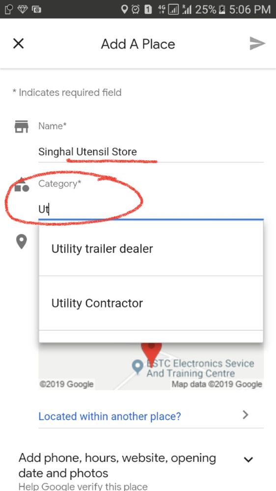 Caption: A screenshot in which Utensil store category is missing from Google Maps.