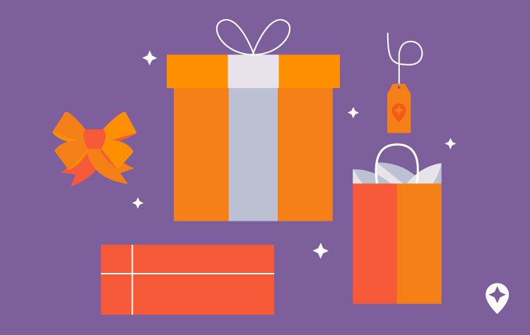 Caption: An illustration of a bow, two gift boxes, a gift bag, and a gift tag with the Local Guides logo on it against a purple background.