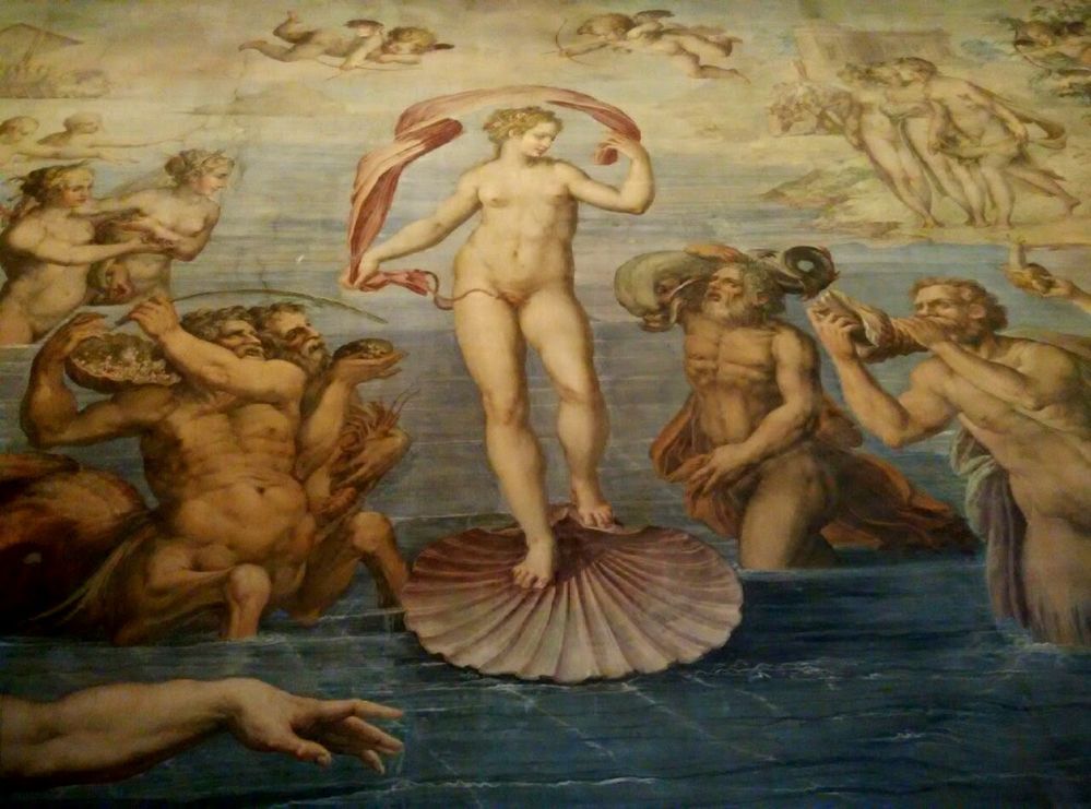 Sandro Botticelli 根據波利齊安諾長詩"吉奧斯特納"而作，描述羅馬 神話 《維納斯的誕生》。