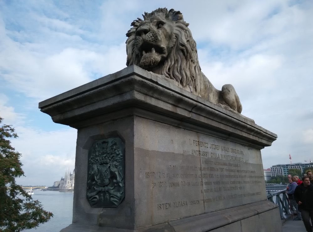 橋頭左右兩旁各雄踞一座巨大氣宇軒昂的石獅，象徵着匈牙利人民不屈的歷史胆魄。