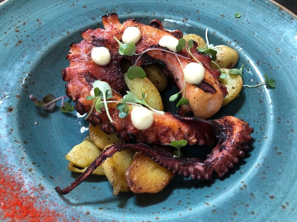 Caption: A photo of grilled octopus with potatoes, microgreens, and dots of white sauce in a turquoise bowl at El Nacional in Barcelona. (Local Guide Ginger X)