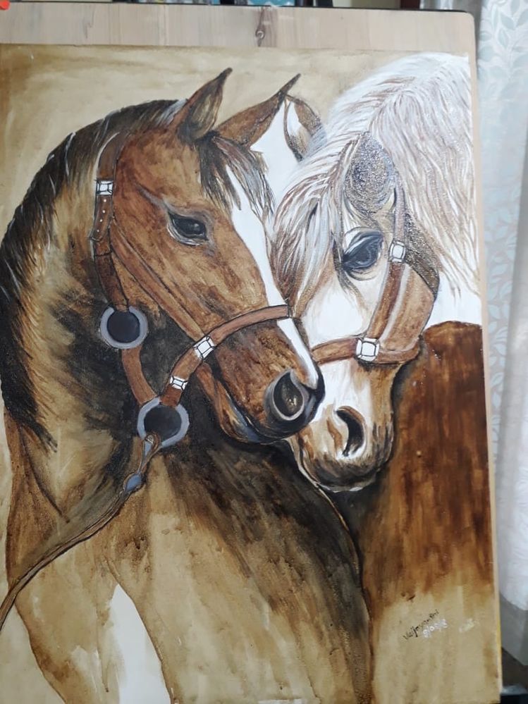 Twin horse coffee painting by Vaijayanthi