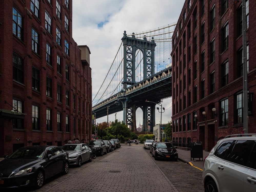 Looking down the alley from Dumbo towards the Manhattan Bridge in NYC