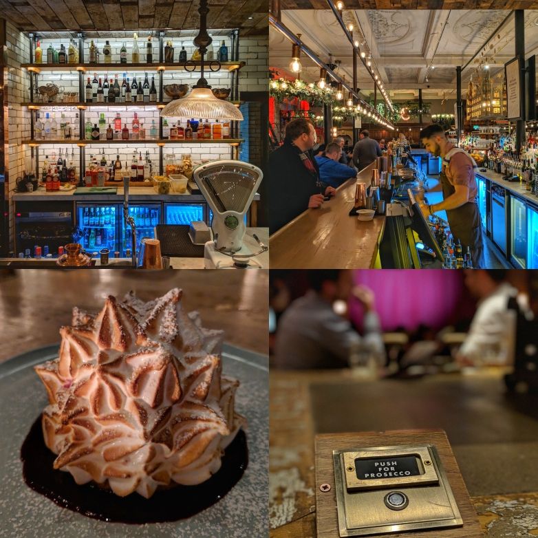 Caption: Collage showing various photos of the venue as well as the baked Alaska (awesome dessert but be prepared for the sugar high!)