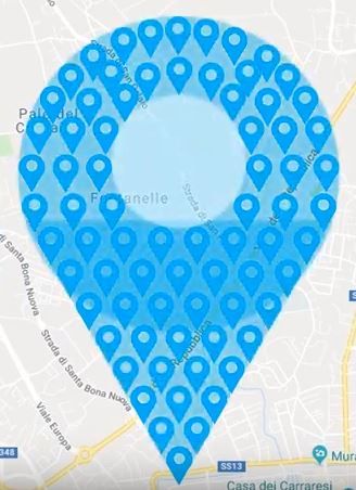 Caption: a series of "mymap" pins composing a single, big blue pin - Local Guide @ermest
