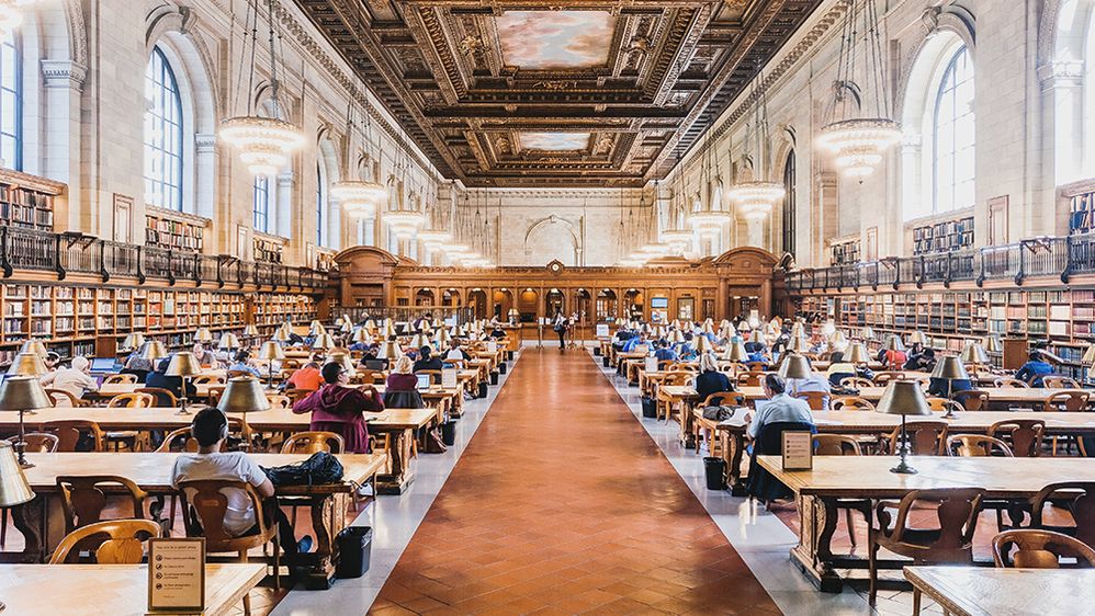 Caption: A photo of people sitting at tables in Rose Reading Room in the Stephan A. Schwarzman Building in New York City, USA. There are shelves of books lining the room and chandeliers hanging above the tables. (Local Guide Carmelo Squillaci)