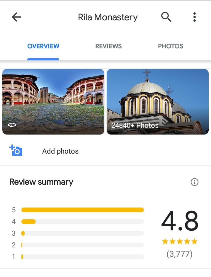 Caption: A screenshot of the 'Overview' tab on Google Maps for the Rila monastery, Bulgaria, showing 24840+ photos added to this location, and a rating of 4.8 stars. (Local Guide @DeniGu)