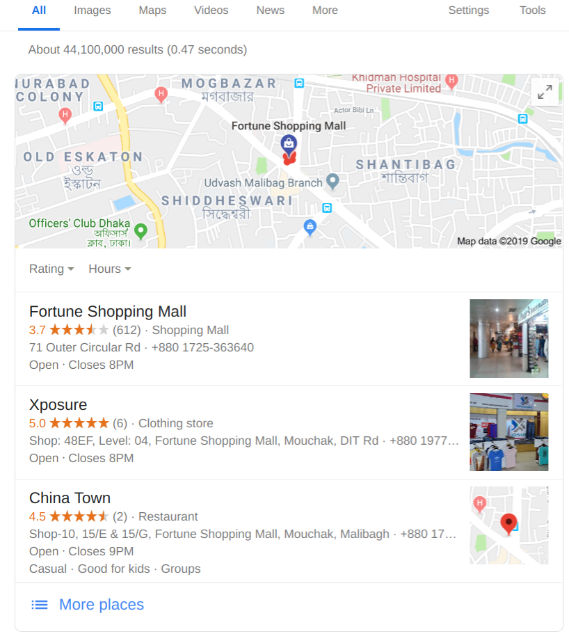 Caption: A screenshot of Google Search results, showing a list of three locations on Google Maps: Fortune Shopping Mall, Xposure, and China Town. (Local Guide @DeniGu)