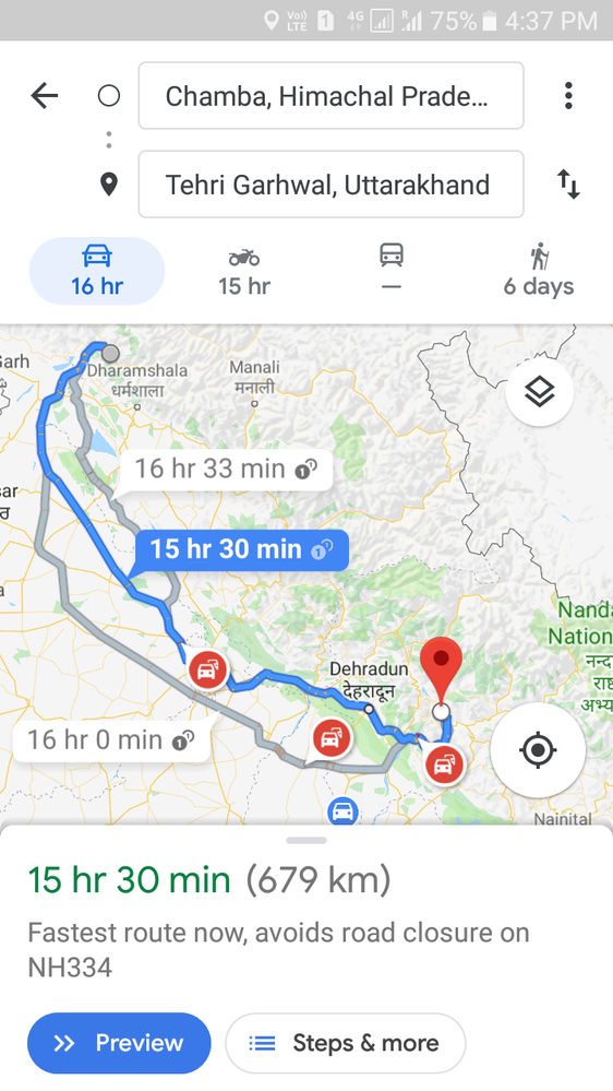 Caption: Route map from Chamba, Himachal Pradesh to Tehri Garhwal, Uttarakhand.
