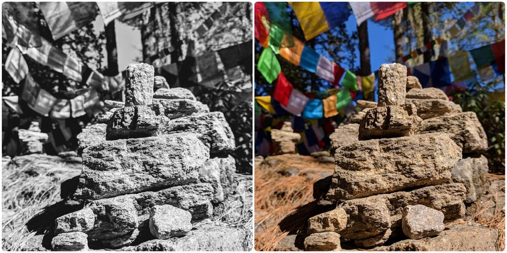 Black and White & Color comparison of boken shot of stones arrangement in Bhutan