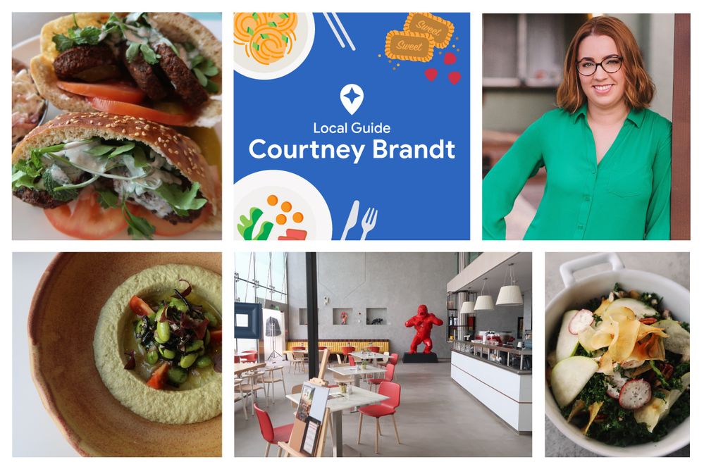 Caption: A collage of images including a photo of Local Guide Courtney Brandt as well as food photos she’s shared on Google Maps.