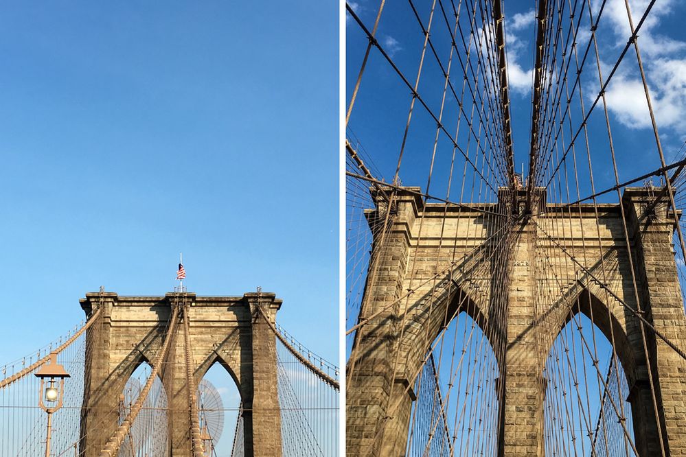 Caption: Two side-by-side photos of the Brooklyn Bridge in New York City. One photographed from a further back view (left) and one photographed closer and from below, showcasing the bridge’s cables (right). (Local Guide Christina-NYC)