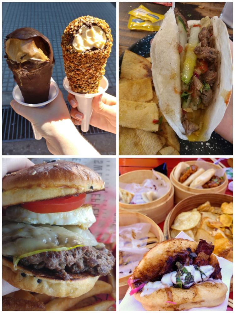 Caption: A collage of four food photos, all taken by @Jesi. The photos are of ice cones covered in chocolate bitten to show the inside, a taco with chips on the side, a hamburger and a bun with other dishes on the background.