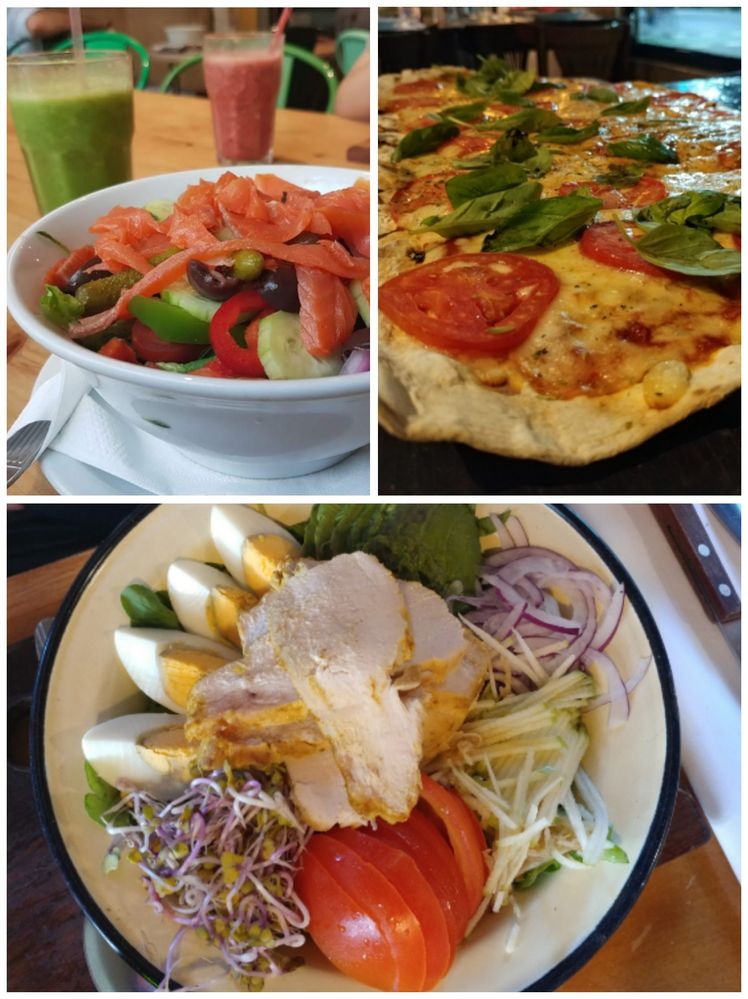Caption: A collage of three food photos taken by @Jesi. The photos show a salad with drink on the background, a pizza up close and another salad from above.
