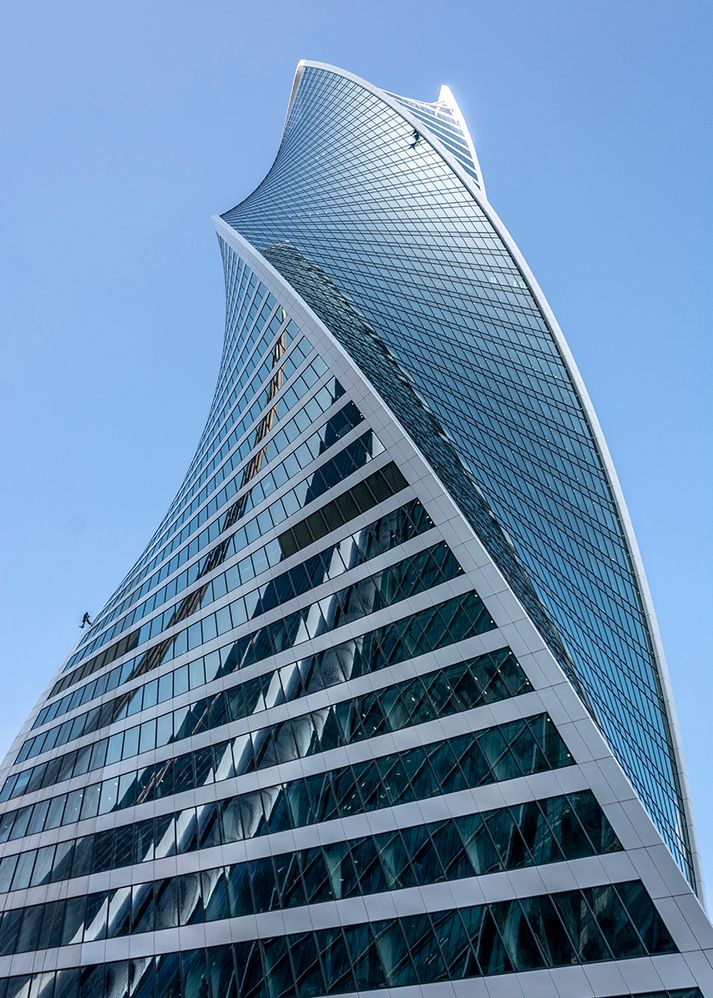 Two window cleaners at work. Evolution Tower (Moscow International Business Center)