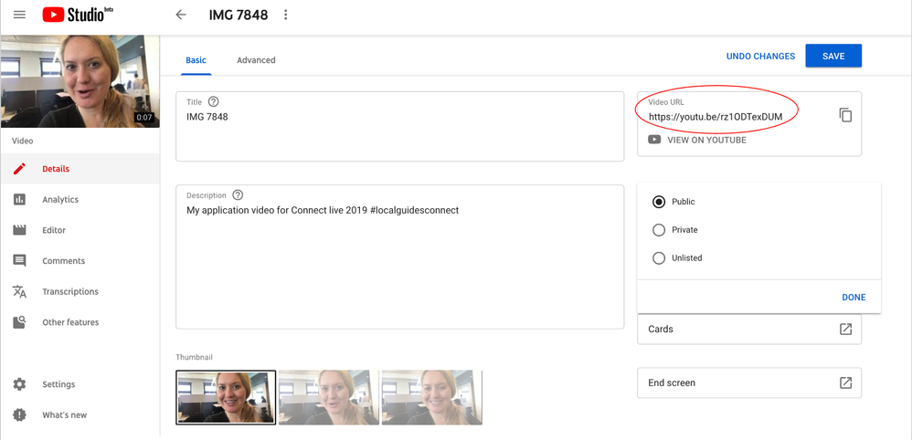 A screenshot the “Basic” edit page on YouTube after a video has been uploaded with a red circle around the Video URL. It shows where you can add a title, description, and change your viewer settings. You can also access the correct video URL to submit from this screen.