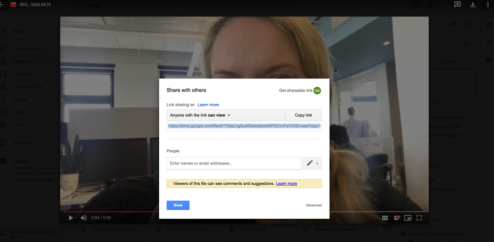 Caption: A screenshot of a video on Google Drive with a pop-up box that appears after you click “Share.” Here, you can change your viewer settings to “Anyone with the link can view.” Paste this link into your Connect Live 2019 application.