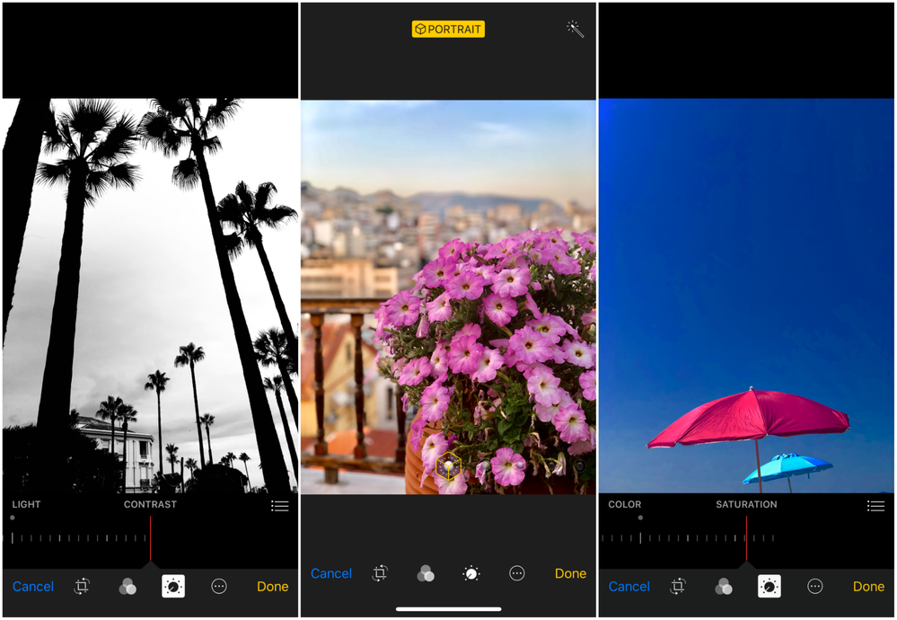 Caption: A set of three mobile phone screenshots showing three different photos after editing. The photo on the left is a black and white photo of palm trees with the tonal contrast set on high; the middle photo shows purple flowers with adjusted brightness and color effects; the photo on the right is a photo of two umbrellas against a blue sky, for which high color contrast has been used.  (Local Guide @DanniS)