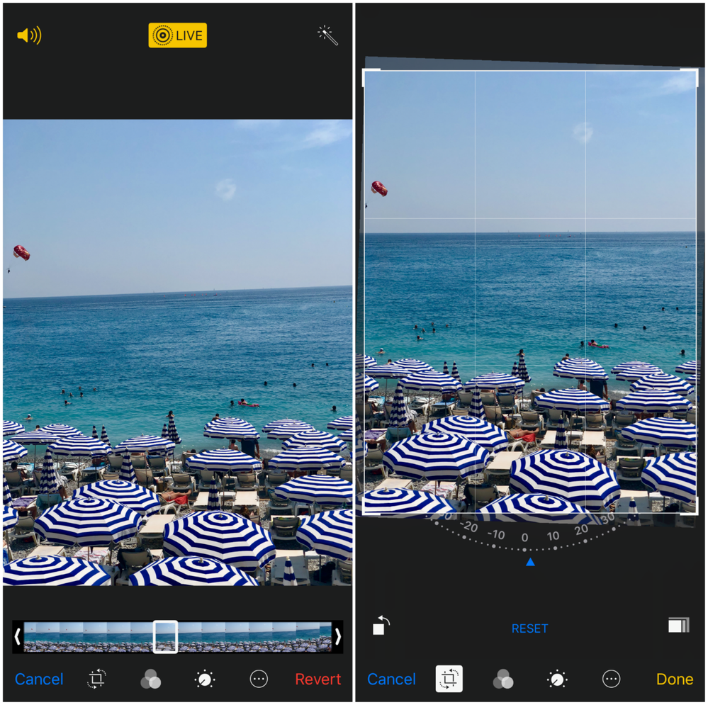 aption: A set of two mobile phone screenshots showing a photo of a beach with white and blue umbrellas before and after cropping. The screenshot on the left shows the original photo  with a slightly tilted sea horizon, while the screenshot on the right shows the cropped image with straightened horizon. (Local Guide @DanniS)