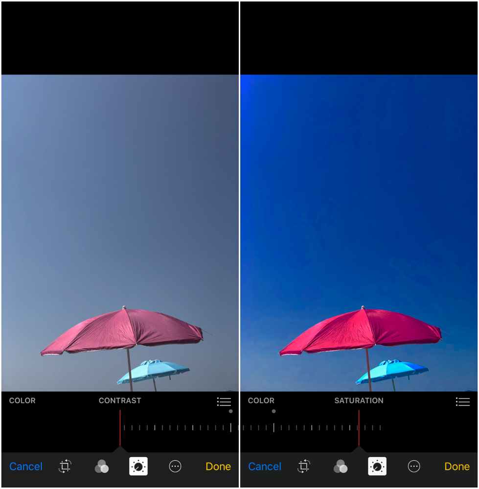 Caption: A set of two mobile phone screenshots, showing a photo of one red umbrella and one blue umbrella against a blue sky before and after editing the color contrast. The left photo has low color contrast, making the colors subdued. The right one has high color contrast and it is more saturated, making the umbrellas stand out against the background. (Local Guide @DanniS)