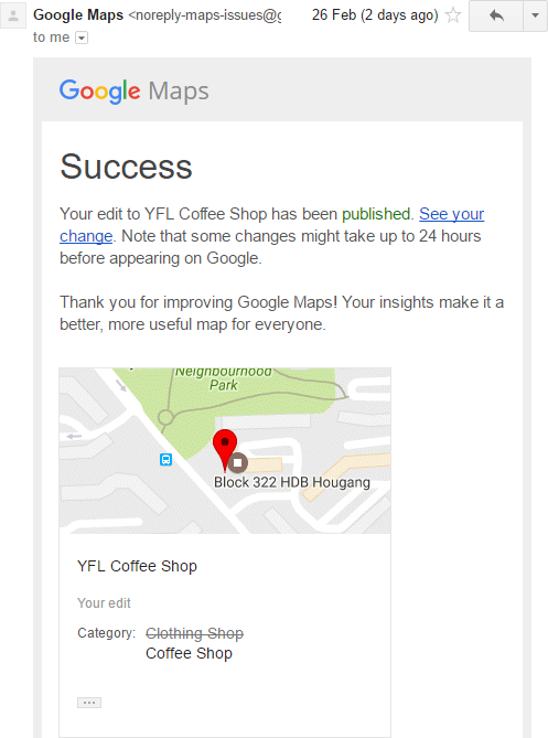 As per email, Category was successfully changed to "Coffee Shop"