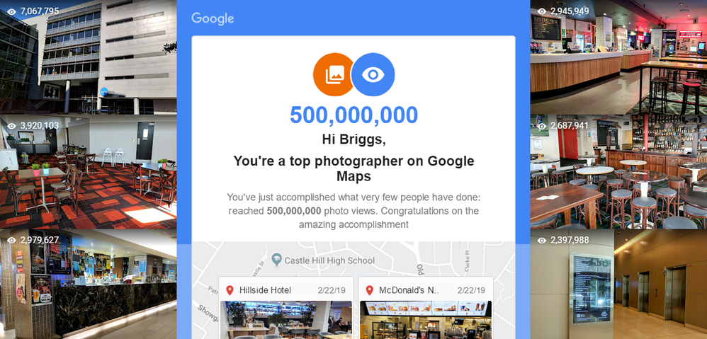 Caption: The weekly update email received from Google Maps signifying half a billion photo views. The top six photos with the highest views are also featured in the graphic above. The top 5 photos alone almost total 20 million!