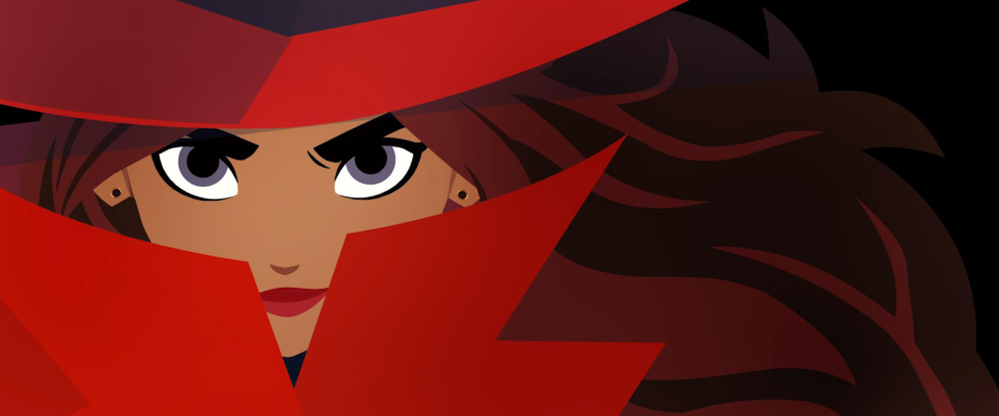 Caption: An illustration of Carmen Sandiego, a determined-looking woman in a red hat and trenchcoat.