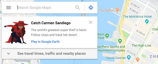 Caption: A screenshot of Carmen Sandiego on Google Maps.